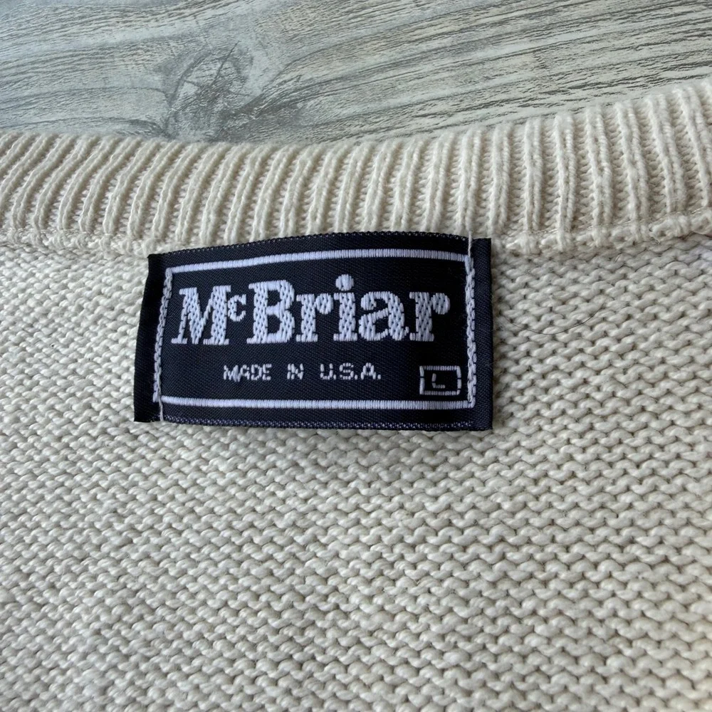 Vintage McBriar Cotton V-Neck Sweater Mens Large Cream Textured Knit USA Made